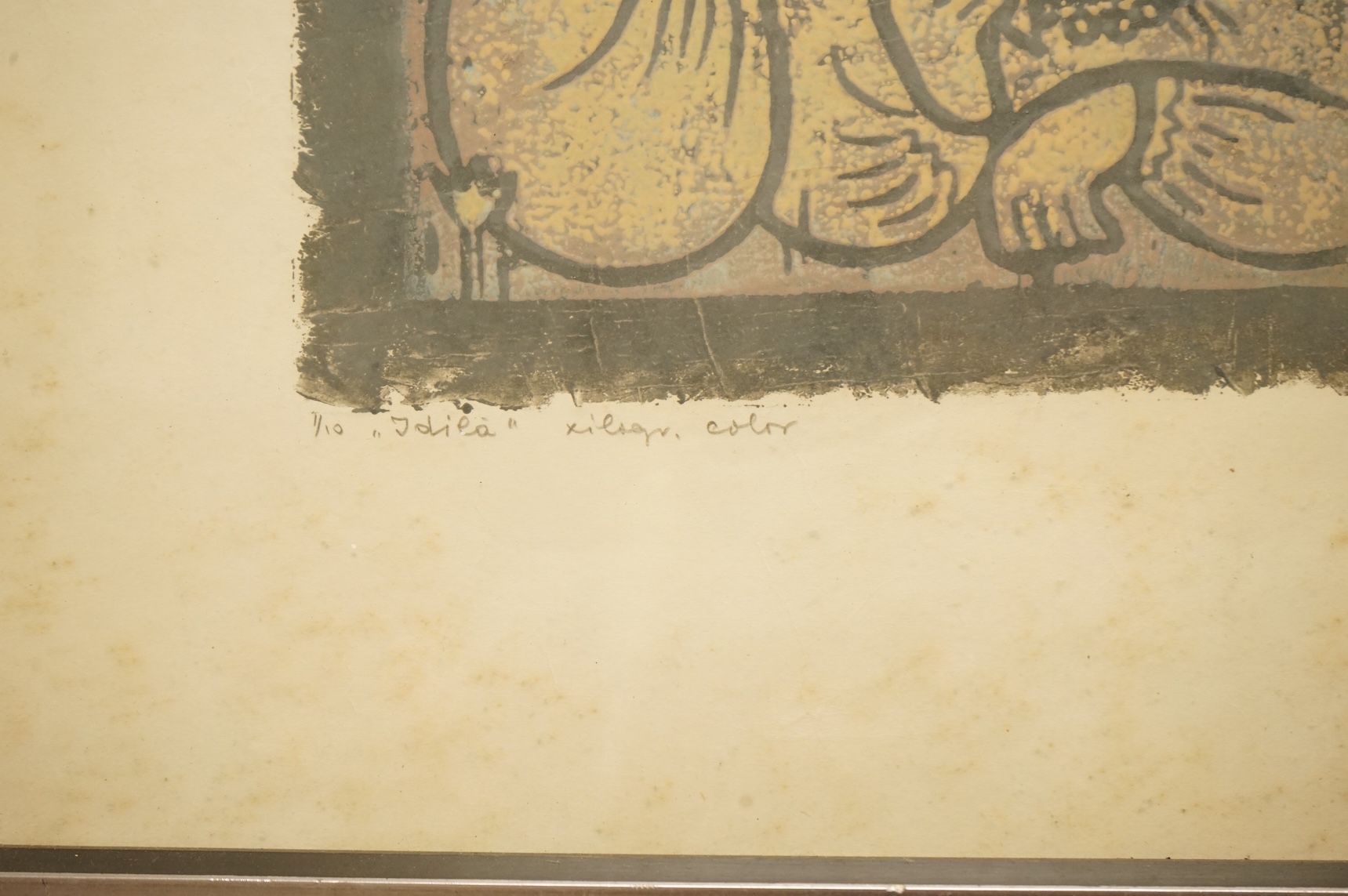 20th century School, Study of two figures, indistinctly signed and inscribed in pencil, colour lino cut, numbered 1/10 and dated ‘94., 34 x 48cm